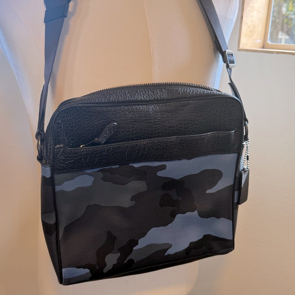 Coach Charles Camo Dusk Blue Pebble Leather Camera Crossbody Bag F29052